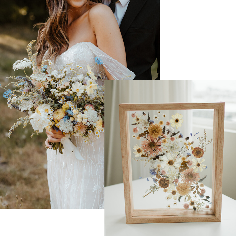 Before and after of wedding bouquet preserved